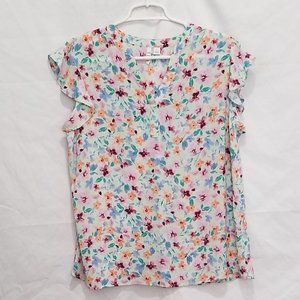 Floral V-Neck Flutter Sleeve Blouse